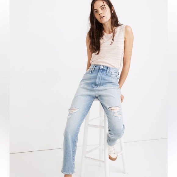 Madewell Denim - Madewell The Momjean Light Blue Wash Distressed Knees Loose Fit